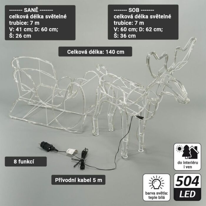 Nexos Vánoční dekorace sob se sáněmi, studeně bílý, 140 cm - Image 2